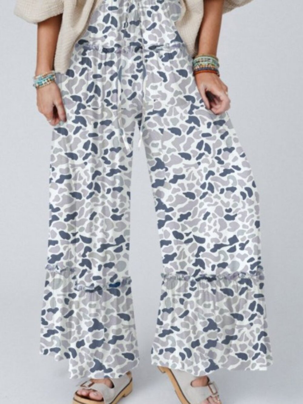 Beige Camo Print Wide Leg Casual Pants